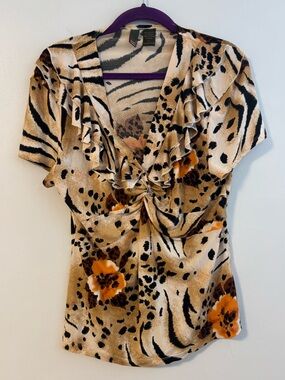 Sere Nade Animal Print Floral Ruffle Front Knot Short sleeve blouse Top Large